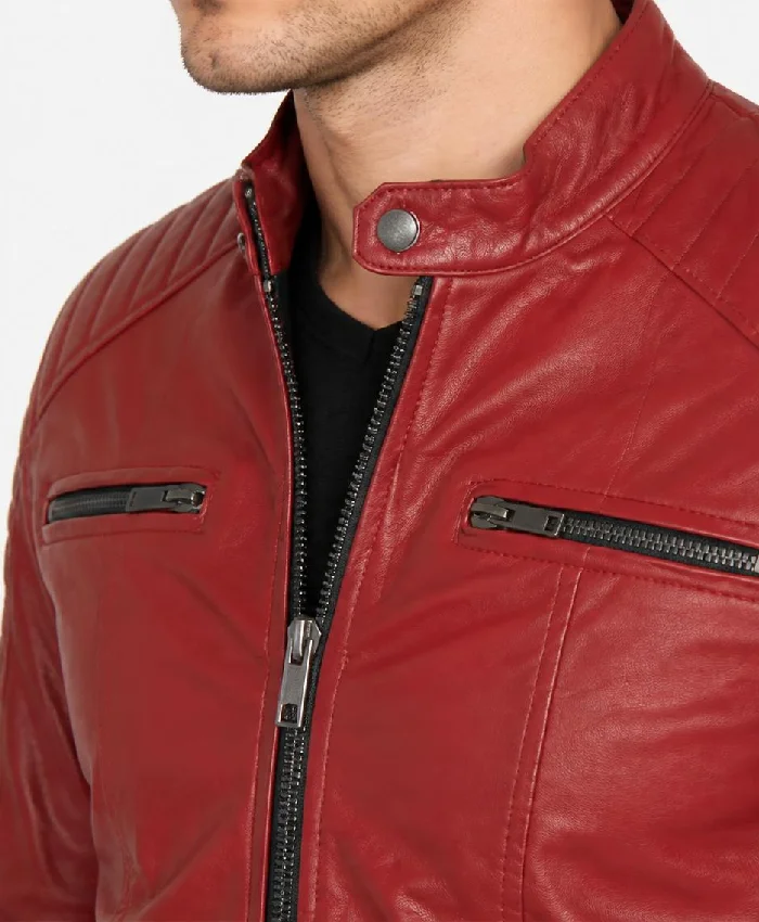 Mens Red Quilted Biker Leather Jacket