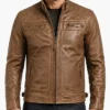 Mens Reinhardt Premium Cafe Racer Camel Brown Leather Jacket