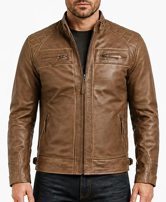 Mens Reinhardt Premium Cafe Racer Camel Brown Leather Jacket