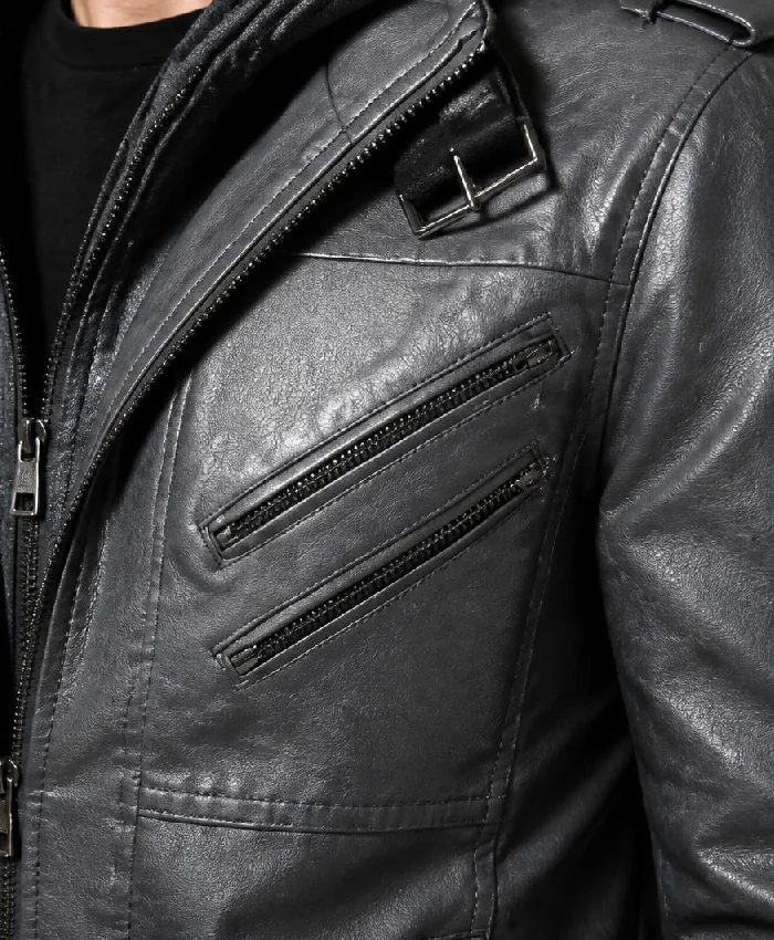 Mens Removable Hood Bomber Leather Grey Jacket