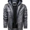 Mens Removable Hood Grey Bomber Leather Jacket
