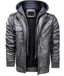 Mens Removable Hood Grey Bomber Leather Jacket