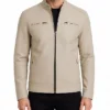 Mens Roger G Cafe Racer Beige Leather Zip Jacket