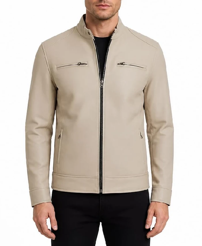 Mens Roger G Cafe Racer Beige Leather Zip Jacket