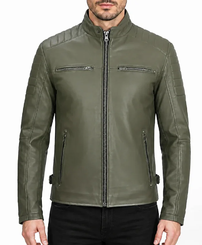 Mens Salley Premium Military Green Cafe Racer Leather Jacket