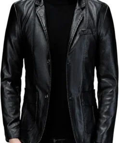 Mens Samuel 2 Buttons Black Leather Blazer Jacket