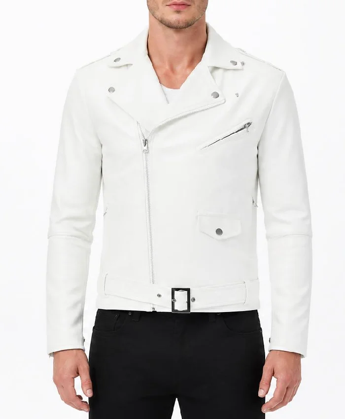 Mens Slim Fit White Leather Jacket Biker Lambskin