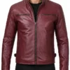 Mens Splawn Premium Maroon Cafe Racer Slim Fit Leather Jacket