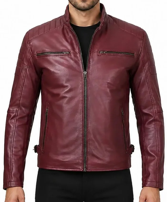 Mens Splawn Premium Maroon Cafe Racer Slim Fit Leather Jacket
