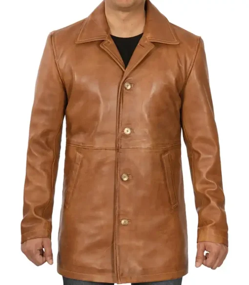 Mens Tan 34 Length Camel Brown Leather Coat