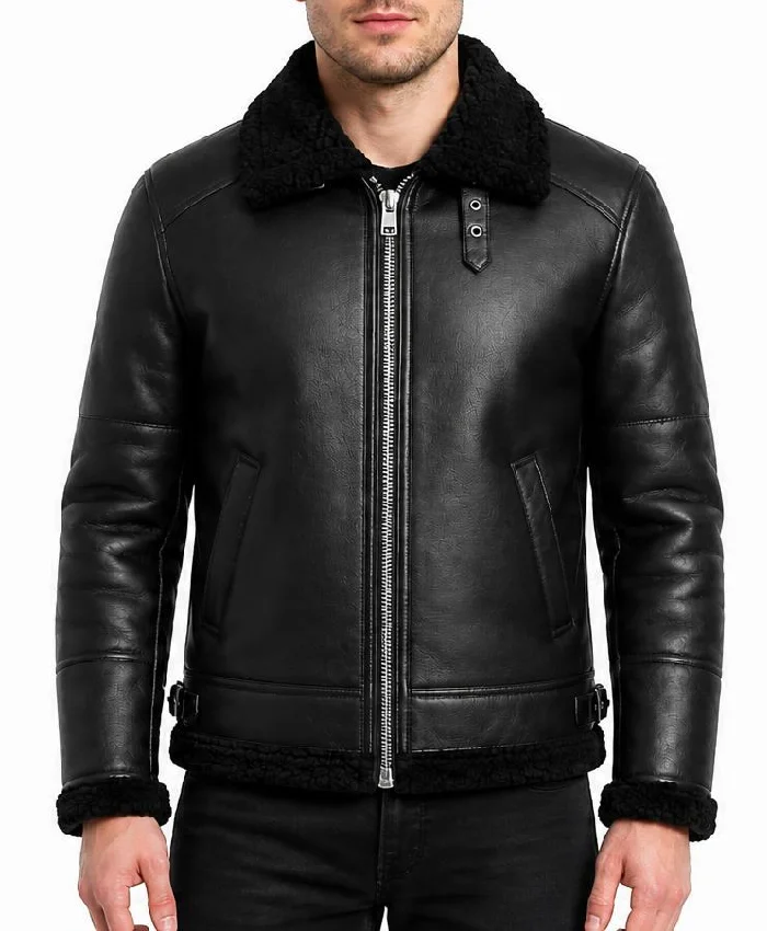 Mens Winter Fur Collar Black Leather Jacket