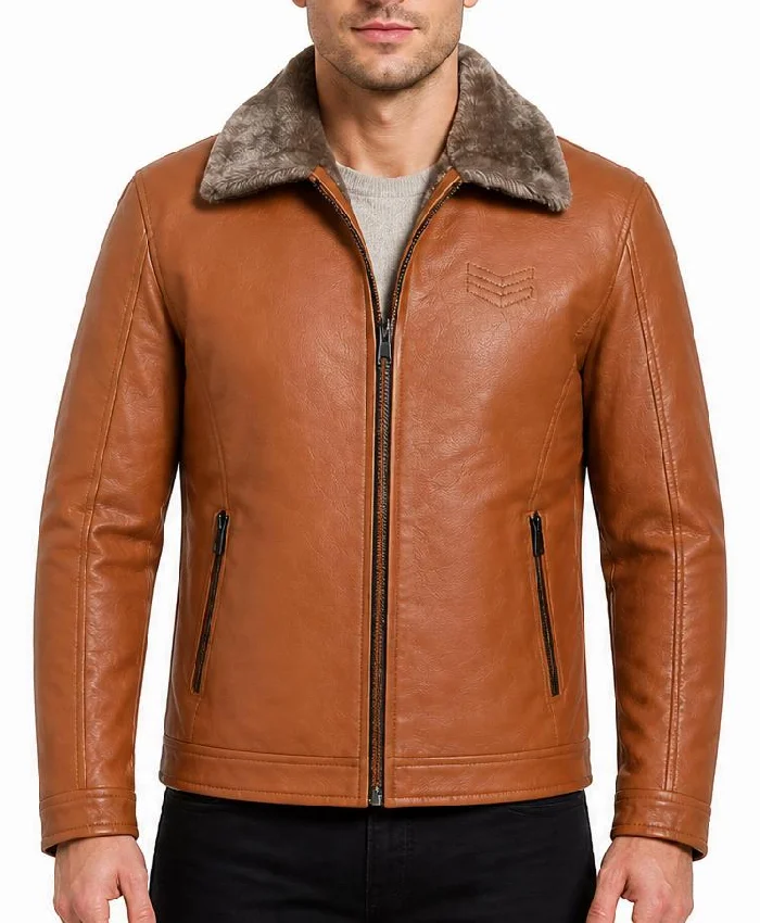 Mens Winter Fur Collar Mustard Leather Jacket