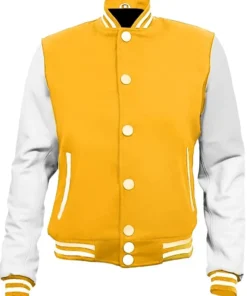 Mens Yellow and White Football Bomber University Style Letterman Jacket