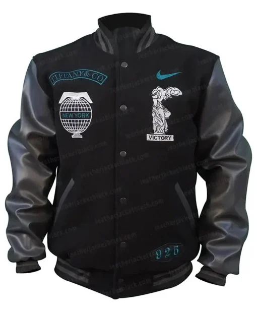 Mens and Womens Black Tiffany and Co X Nike Varsity Bomber Jacket with Leather Sleeves