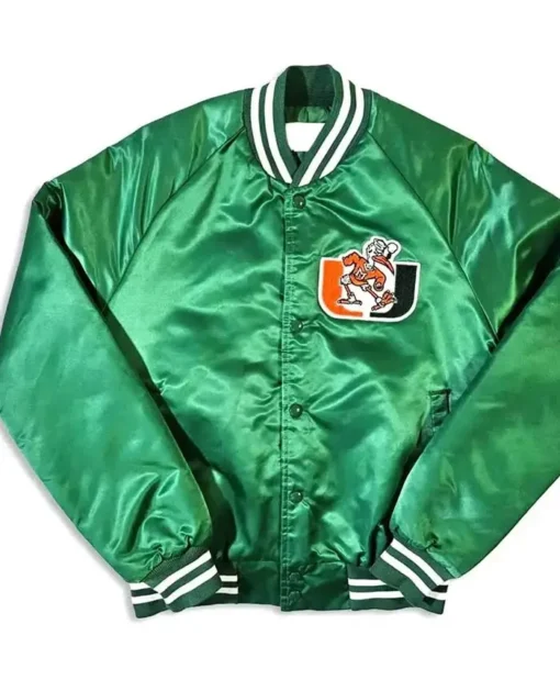 Miami Hurricanes 80Ã¢â‚¬â„¢s Green Satin Varsity Jacket