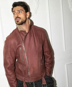 Michele Morrone Maroon Biker Leather Jacket