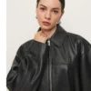Millie Reformation Oversized Cafe Racer Black Leather Bomber Jacket