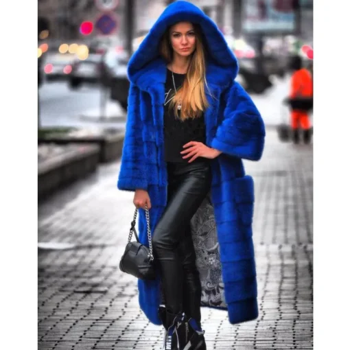 Mink Fur Blue Hooded Coat