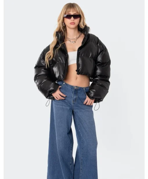 Monica W Edikted Cropped Faux Leather Puffer Jacket