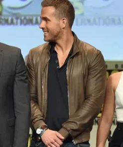Movie Deadpool 3 Comic Con Event Ryan Reynolds Brown Leather Jacket