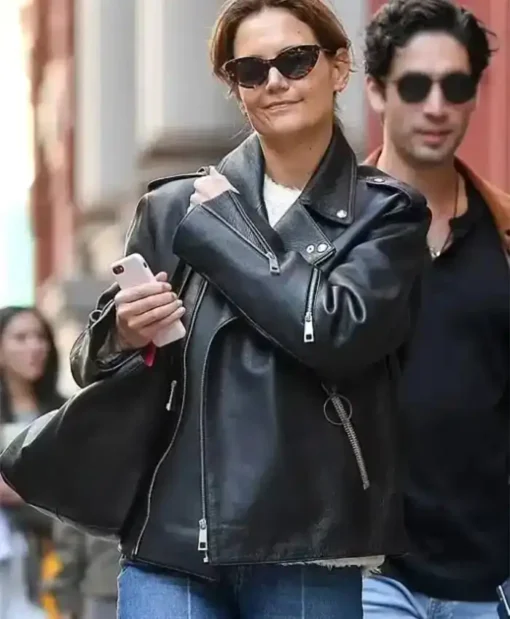 NYC 2024 Katie Holmes Biker Leather Jacket