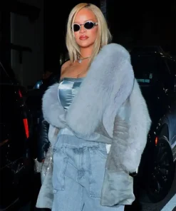 NYC 2024 Rihanna Light Blue Fuzzy Jacket