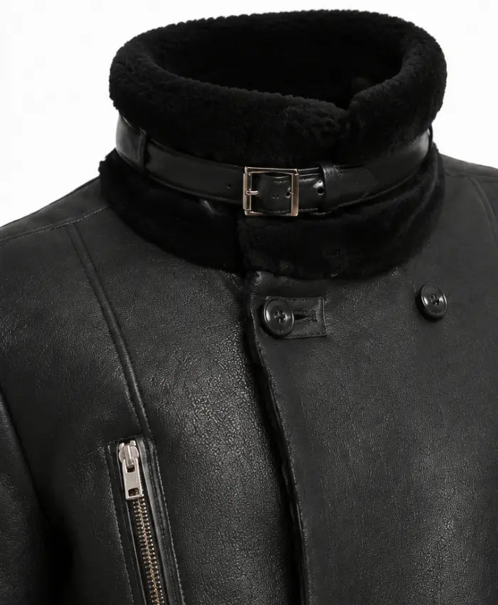 Nicholas Double Breasted Black Sheepskin Coat