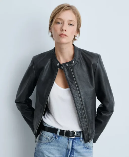 Pelchat Mango Women Black Moto Snap Tab Collar Zip Leather Jacket