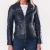 Phyllis Nateby Centre Navy Zip Leather Biker Jacket