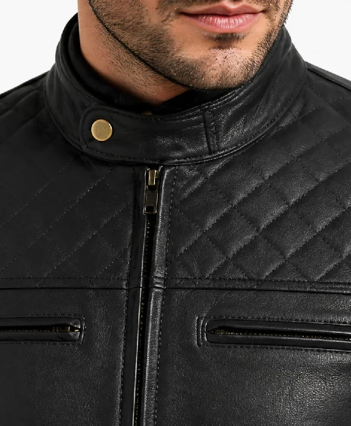 Quilted Cafe Racer Biker Jacket For Men