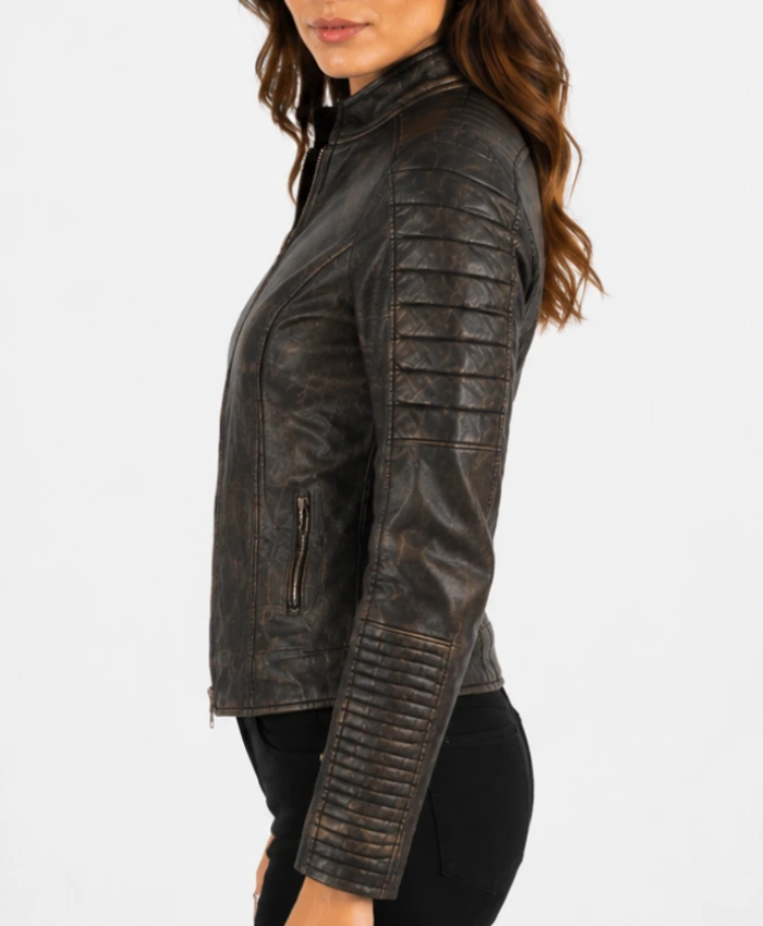 Quilted Distressed Brown Jacket For Womens