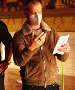 Red Notice Rawson Marshall Brown Leather Fur Collar Bomber Jacket