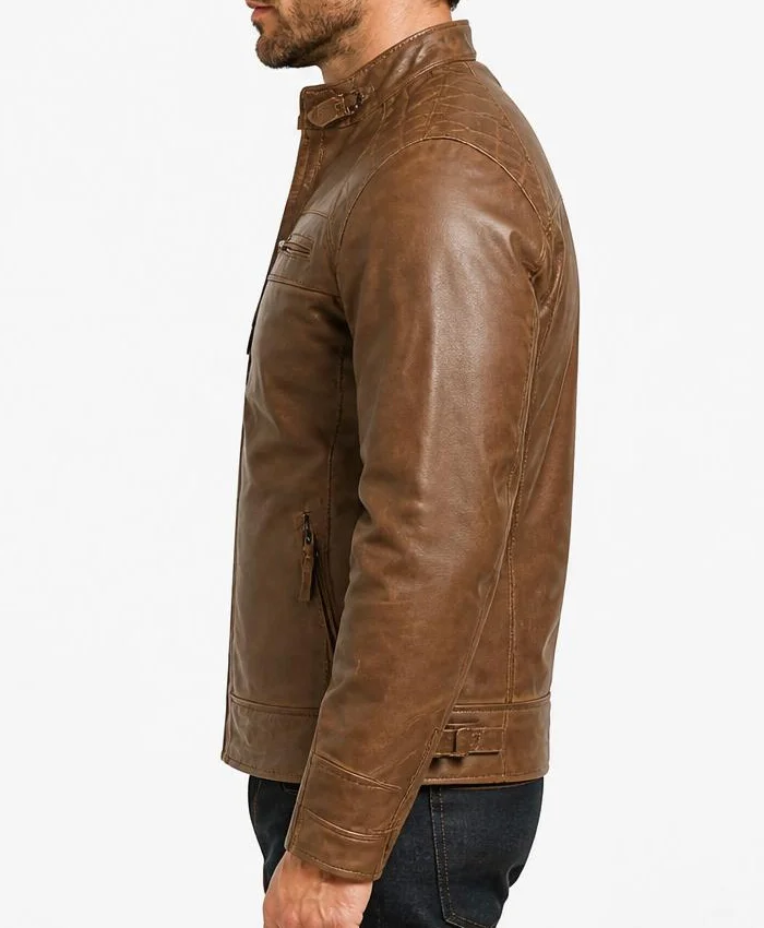 Reinhardt Premium Cafe Racer Camel Brown Leather Jacket For Men