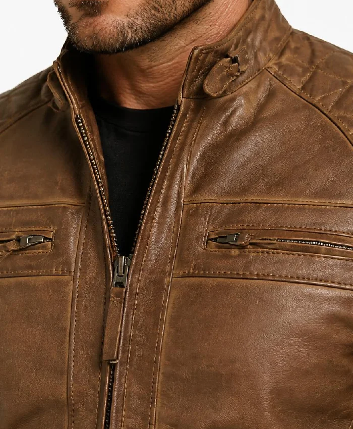 Reinhardt Premium Cafe Racer Camel Brown Leather Jacket For Mens