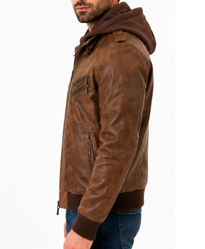 Removable Hood Bomber Brown Leather Jacket For Biker
