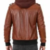 Removable Hood Bomber Khaki Brown Leather Jacket For Men