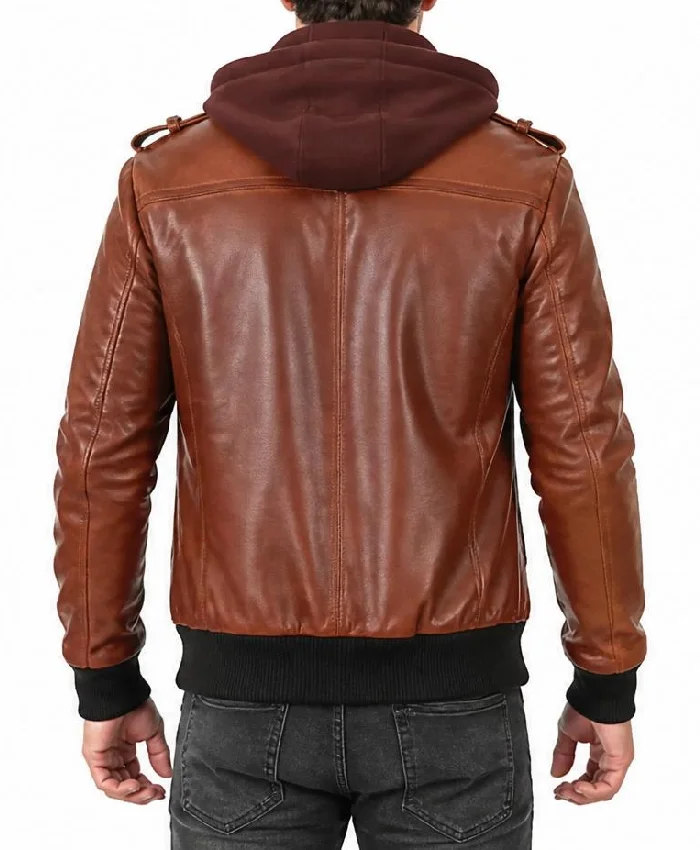 Removable Hood Bomber Khaki Brown Leather Jacket For Men