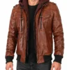 Removable Hood Bomber Khaki Brown Leather Jacket For Mens