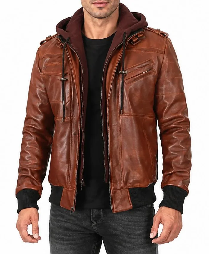 Removable Hood Bomber Khaki Brown Leather Jacket For Mens
