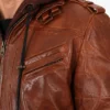 Removable Hood Bomber Khaki Brown Leather Jacket Men