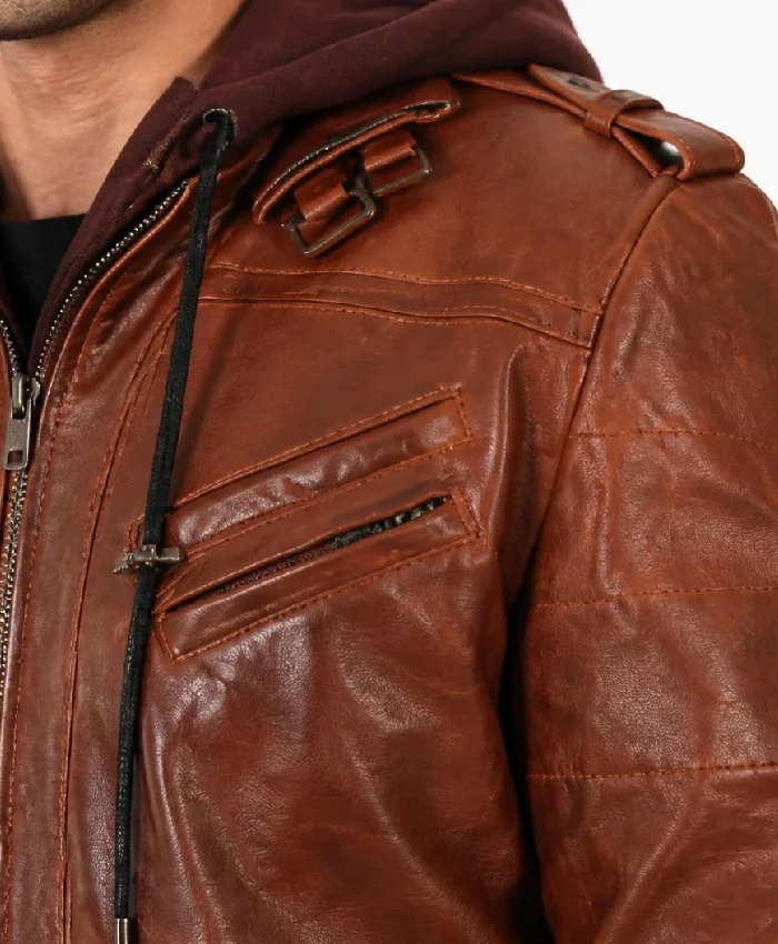 Removable Hood Bomber Khaki Brown Leather Jacket Men