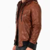 Removable Hood Bomber Khaki Brown Leather Jacket Mens