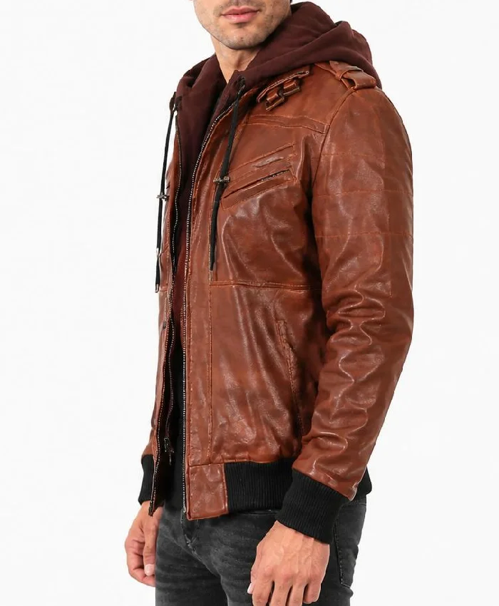 Removable Hood Bomber Khaki Brown Leather Jacket Mens