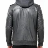 Removable Hood Grey Bomber Leather Jacket For Men