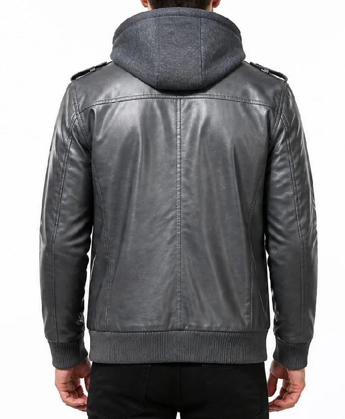 Removable Hood Grey Bomber Leather Jacket For Men