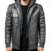 Removable Hood Grey Bomber Leather Jacket For Mens