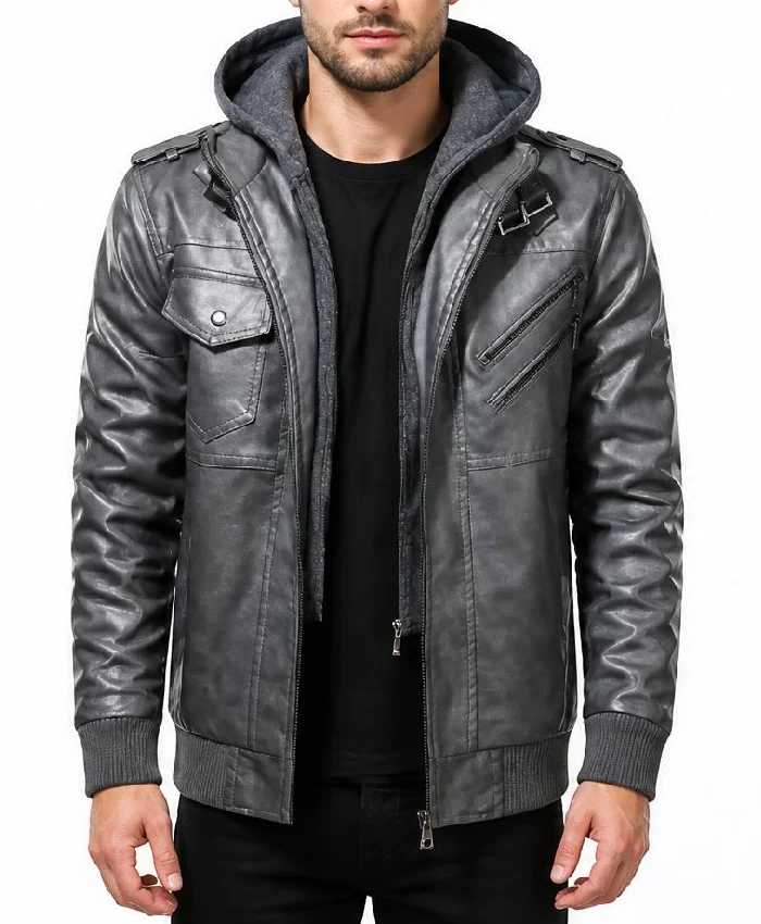 Removable Hood Grey Bomber Leather Jacket For Mens