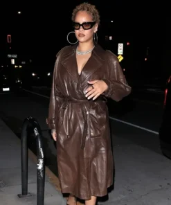 Rihanna Epitome Of Chic Brown Leather Coat