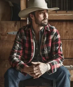 Ryan Bingham Yellowstone S03 Walker Shirt Style Red Cotton Fabric Plaid Jacket For Sale