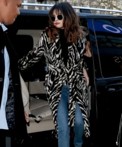 Salena Gomez Black Fur Belted Coat
